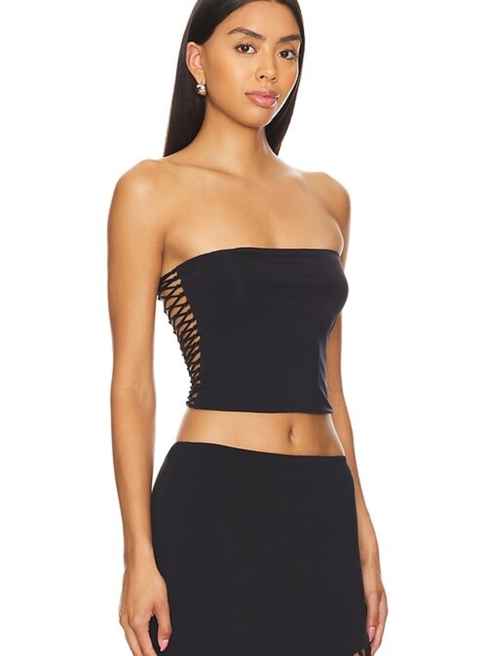 Indah Black Strapless Lace-Up Side Crop Top